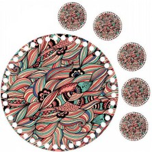 Grafilli Design 30 cm Karışık Renk Baskılı Örgü Ahşap Tepsi Plakası, 5 Adet 10 cm Baskılı Bardak Altı 01