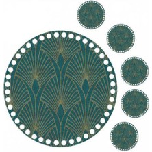 Grafilli Design 30 cm Yeşil Desen Baskılı Örgü Ahşap Tepsi Tabanı Plakası, 5 Adet 10 cm Baskılı Bardak Altı