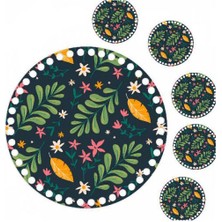 Grafilli Design 30 cm Çiçek Baskılı Örgü Ahşap Tepsi Tabanı Plakası, 5 Adet 10 cm Baskılı Bardak Altı 016