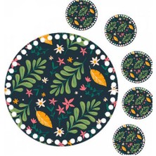 Grafilli Design 30 cm Çiçek Baskılı Örgü Ahşap Tepsi Tabanı Plakası, 5 Adet 10 cm Baskılı Bardak Altı 016