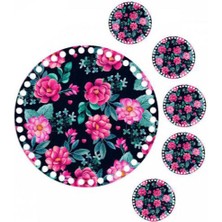 Grafilli Design 30 cm Çiçek Baskılı Örgü Ahşap Tepsi Tabanı Plakası, 5 Adet 10 cm Baskılı Bardak Altı 014