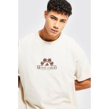 Altamira Erkek Bej Monte Carlo Baskılı Oversize Tshirt