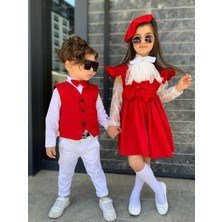 Modavals Kardeş Kombin Yelekli Papyonlu Erkek Çocuk Takım - Kırmızı