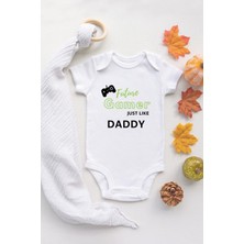 Tuğba Baby Gamer Daddy Baskılı %100 Pamuklu Organik Baskılı Beyaz Çıtçıtlı Bebek Body Zıbın Bebek Badi