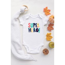 Tuğba Baby Organik %100 Pamuk Uzun Kollu Beyaz Süper Kahraman Hero Bebek Body Bebek Badi Çıtçıtlı Zıbın