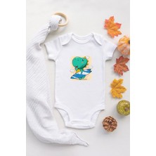 Tuğba Baby Özel Tasarım Sevimli Dinazor 3 Surf Bebek Body Beyaz Badi Zıbın %100 Pamuk
