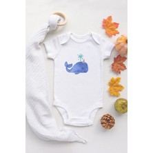 Tuğba Baby Sevimli Balina Organik Baskılı %100 Pamuklu Çıtçıtlı Beyaz Body Zıbın Bebek Badi