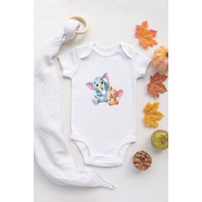 Tuğba Baby  Bebek Tom ve Jerry Organik Baskılı %100 Pamuklu Beyaz Çıtçıtlı Body Zıbın