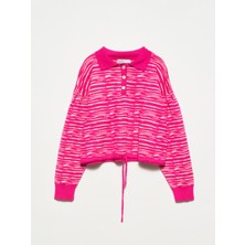 Dilvin 10318 Polo Yaka Düğmeli Kazak-Fuşya-N.