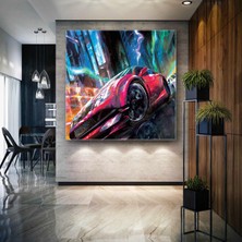 SML Tablo Kırmızı Araba Sokak Yarışı Ilüstrasyon Kanvas Tablo