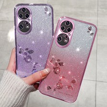 Lr Joyful Huawei P50 Pro 4g Için Gradyan Renkli Glitter Tozu Telefon Kılıfı, Rhinestone Çiçek Deseni Tpu Kılıfı (Yurt Dışından)