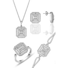 Söğütlü Silver Gümüş Rodyumlu Pırlanta Montürlü Taşlı Baget  Dörtlü Set