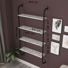 Alkur Home Line Dekoratif Duvar Rafı Metal 4 Beyaz Mermer Desenli  Ahşap Raflı Kitaplık, Stant