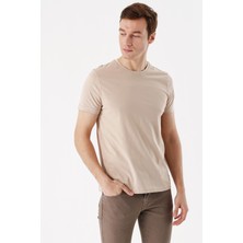 Morven  Erkek Bej Basic Düz %100 Pamuk Bisiklet Yaka Dynamic Fit Rahat Kesim Kısa Kollu Tişört