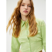 Koton Crop Poplin Gömlek Uzun Kollu Beli Korseli Düğmeli Pamuklu