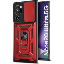 Case 4U Samsung Galaxy Note 20 Ultra Uyumlu Kılıf Kamera Korumalı Sürgülü Yüzüklü Armor Military Tank Kırmızı