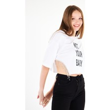 AS Anita Store Yanı Sallantılı Taş Detaylı Not Your Baby Baskılı Oversize Crop T-Shirt