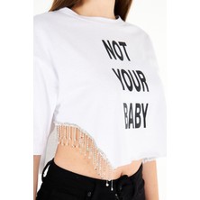 AS Anita Store Yanı Sallantılı Taş Detaylı Not Your Baby Baskılı Oversize Crop T-Shirt