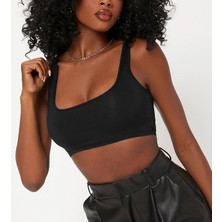 Liona Kadın Kare Yaka Siyah Slim Fit Mini Crop Top Bluz