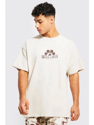 Altamira Erkek Bej Monte Carlo Baskılı Oversize Tshirt