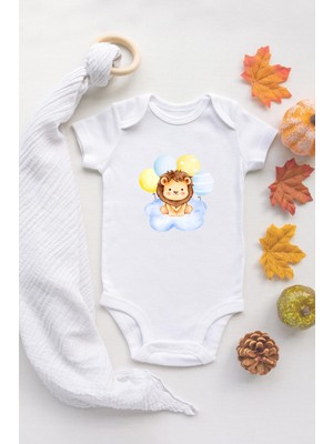 Tuğba Baby Sevmli Aslan Baskılı Beyaz Bebek Body %100 Pamuklu Organik Baskılı Çıtçıtlı Bebek Badi Zıbın