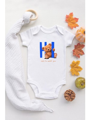 Tuğba Baby Özel Tasarım  Sevimli Ayı Hi Bebek Body Beyaz Bebek Badi Zıbın