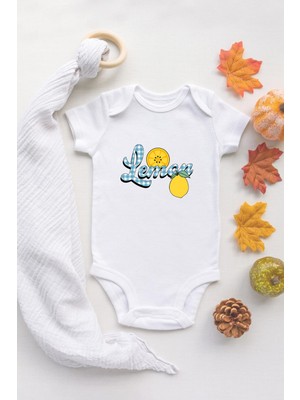 Tuğba Baby Organik %100 Pamuk Uzun Kollu Beyaz Lemon Limon Bebek Body Bebek Badi Çıtçıtlı Zıbın