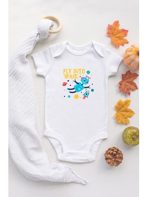 Tuğba Baby Organik %100 Pamuk Uzun Kollu Beyaz Space Uzay 2 Bebek Body Bebek Badi Çıtçıtlı Zıbın
