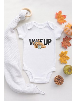 Tuğba Baby Organik %100 Pamuk Kısa Kollu Beyaz Wake Up Teddy Bear Bebek Body Bebek Badi Çıtçıtlı Zıbın