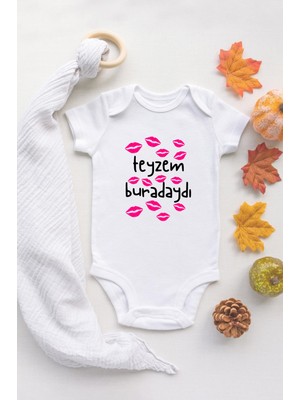 Tuğba Baby  Teyzem Buradaydı Yazılı Öpücük Baskılı Bebek Body %100 Pamuklu Ekru Badi Zıbın