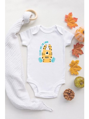 Tuğba Baby Organik %100 Pamuk Kısa Kollu Beyaz Tiger Bebek Body Bebek Badi Çıtçıtlı Zıbın