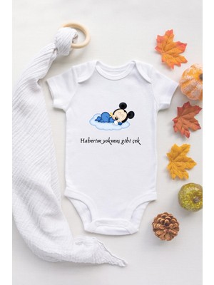 Tuğba Baby  Haberim Yokmuş Gibi Çek Organik Baskılı %100 Pamuklu Beyaz Çıtçıtlı Body Zıbın