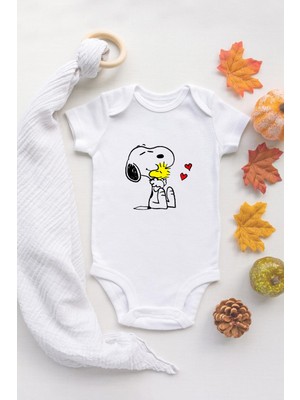 Tuğba Baby  Bebek Snoopy Organik Baskılı Pamuklu Beyaz Çıtçıtlı Body Zıbın