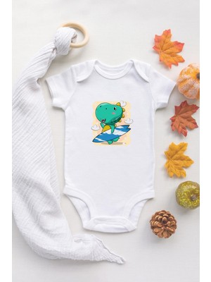 Tuğba Baby Özel Tasarım Sevimli Dinazor 3 Surf Bebek Body Beyaz Badi Zıbın %100 Pamuk