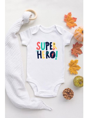 Tuğba Baby Organik %100 Pamuk Kısa Kollu Beyaz Süper Kahraman Hero Bebek Body Bebek Badi Çıtçıtlı Zıbın