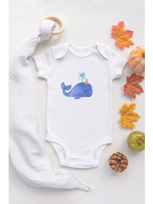 Tuğba Baby Sevimli Balina Organik Baskılı %100 Pamuklu Çıtçıtlı Beyaz Body Zıbın Bebek Badi
