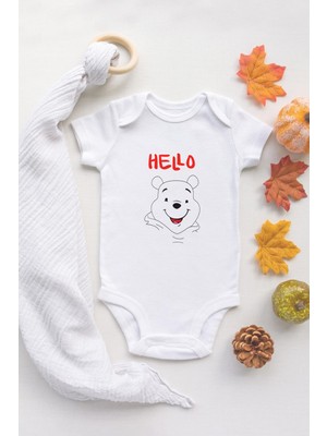 Tuğba Baby Özel Tasarım Sevimli Ayı Winnie Hello Bebek Body Beyaz Badi Zıbın