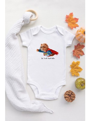 Tuğba Baby Organik %100 Pamuk Uzun Kollu Beyaz Super Hero Bebek Body Bebek Badi Çıtçıtlı Zıbın