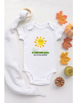 Tuğba Baby You Are My Sunshine Güneş Organik Baskılı Bebek Body %100 Pamuklu Beyaz Bebek Badi Zıbın