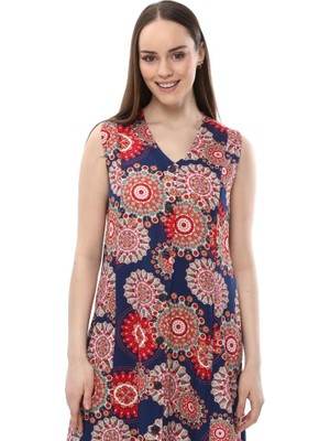 Likapa Kolsuz Pamuklu Viskon Rahat Lacivert Mandala Elbise