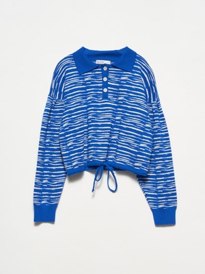 10318 Polo Yaka Düğmeli Kazak-Saks-N.