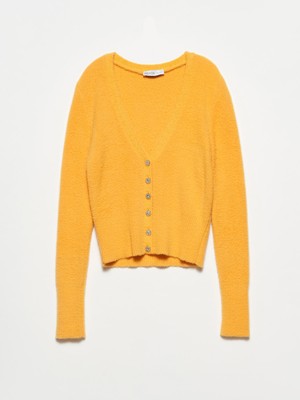 60176 V Yaka Taş Düğmeli Triko Hırka-Sarı