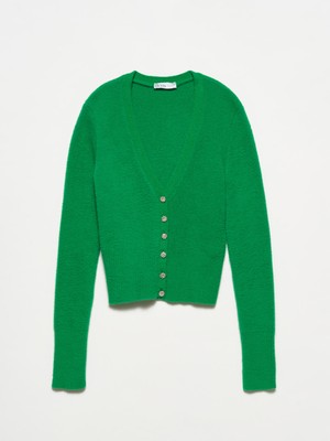 Dilvin 60176 V Yaka Taş Düğmeli Triko Hırka-Yeşil