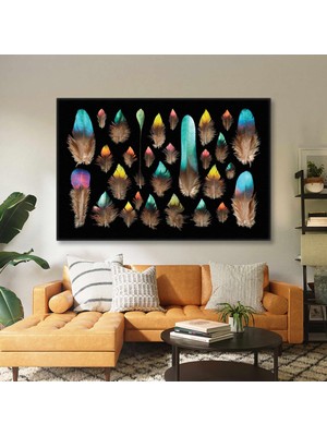 SML Tablo Yeşil Sarı Mavi Detaylı Kuş Tüyü Hayvan Dekor Kanvas Tablo