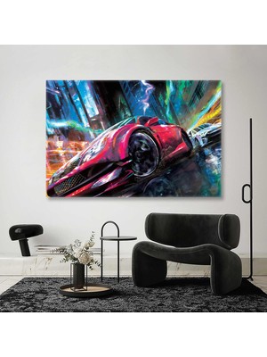 SML Tablo Kırmızı Araba Sokak Yarışı Ilüstrasyon Kanvas Tablo