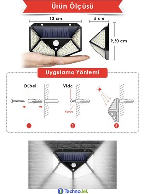 Technojet 1 Adet 100 Ledli Solar Beyaz Işık Güneş Enerjili Bahçe Lambası Hareket Sensörlü