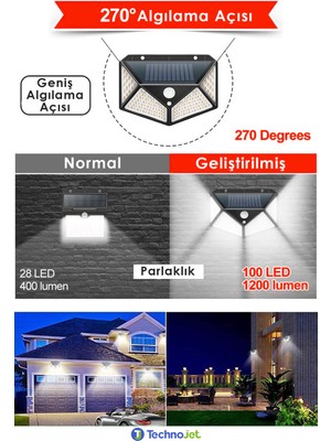 Technojet 2 Adet 100 Ledli Solar Sarı Işık Güneş Enerjili Bahçe Lambası Hareket Sensörlü