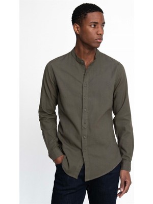 Tudors Erkek Slim Fit Dar Kesim Uzun Kollu %100 Pamuk Keten Doku Hakim Yaka Haki Gömlek