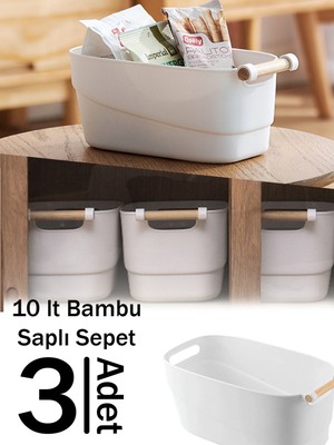 Erkugo 3 Adet Orta Boy (10 Lt) Bambu Saplı Dekoratif Sepet, 3'lü Set Organizer Düzenleyici Kutu