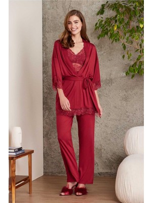 Pierre Cardin 2810 Kadın Bordo Dantelli Penye Sabahlıklı Pijama Takımı